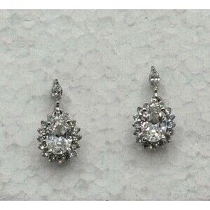 Cubic Zirconia Silver Tone Oval Halo Design Drop Bridal Prom Earrings Formal